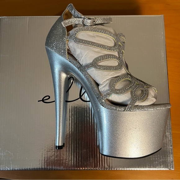 NIB Ellie Silver Platform Heeled Glitter Sandals Stilettos sz 6 - Picture 3 of 12